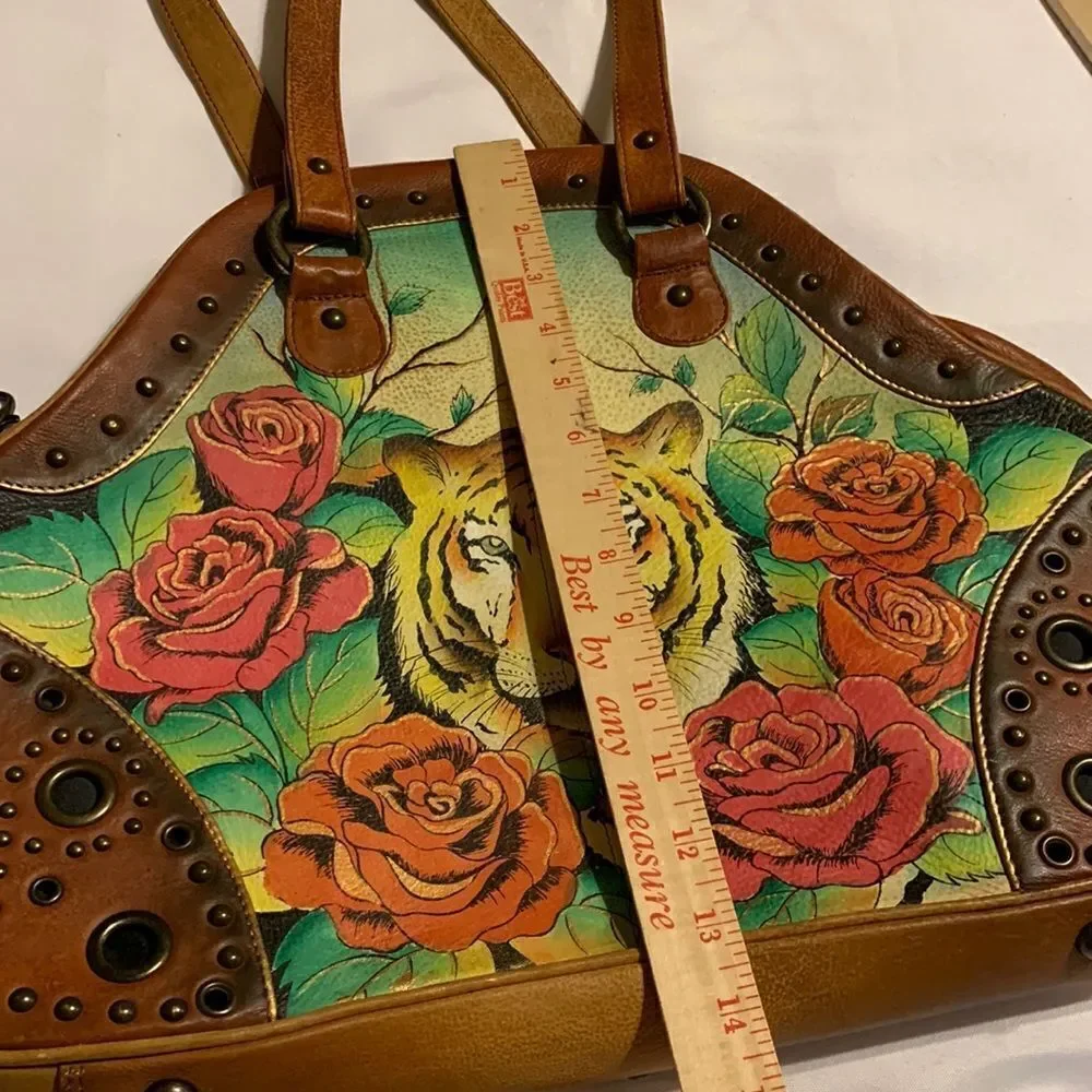 Anuschka RARE tiger & roses large hand painted shoulder bag.  EUC - Picture 3 of 12